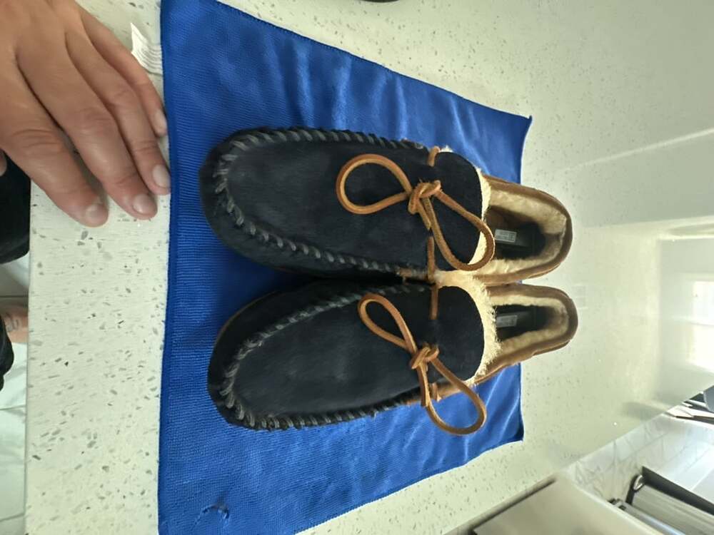 L.L.Bean Wicked Good Moccasins Suede Sheepskin Slippers Blue